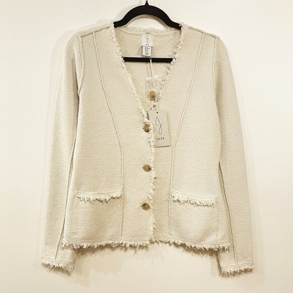 New Joie Knit Tweed Knit Fringe Trim Cardigan Blazer Ecru XS - Picture 2 of 6